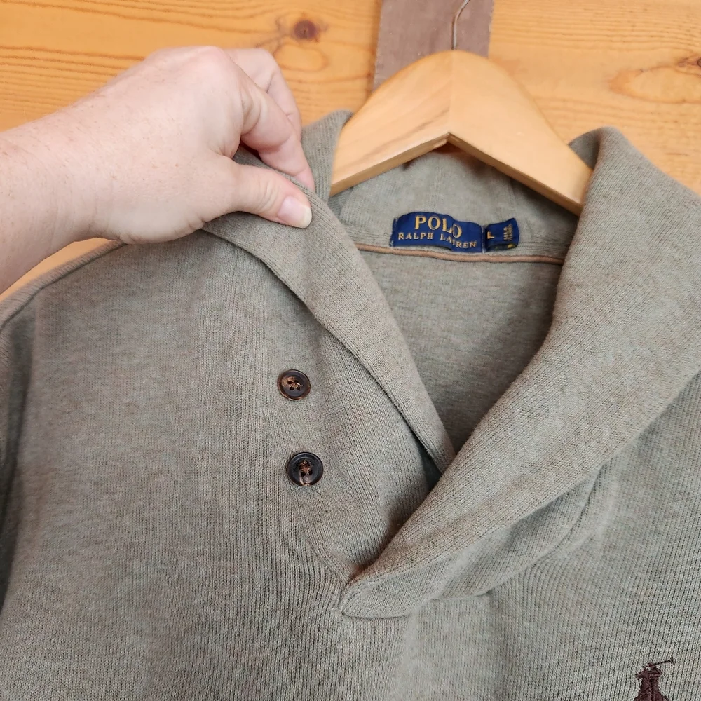 Polo Ralph Lauren Sweater Preppy Shawl Collar Elbow Patch L/S Pullover Knit Sz L